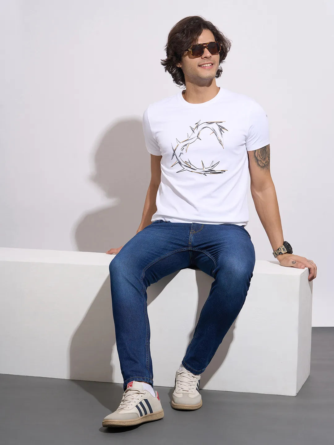 Men's White Graphic Print Crew Neck T-Shirt by Being Human Clothing