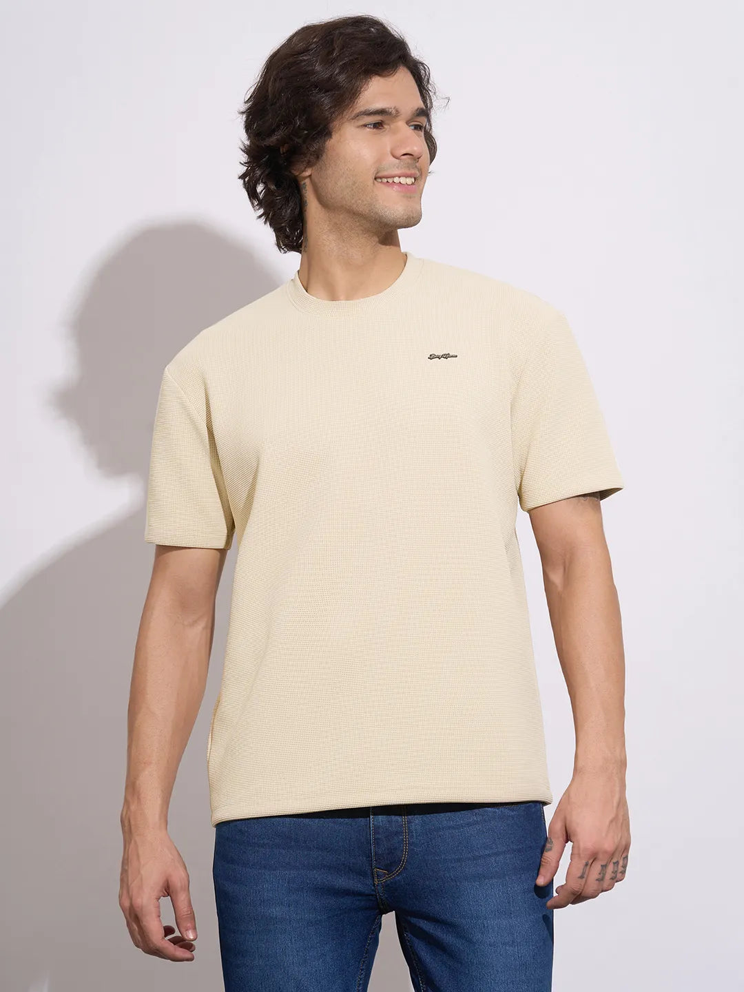 Men's Cream Solid Crew Neck Half Sleeve T-Shirt by Being Human Clothing