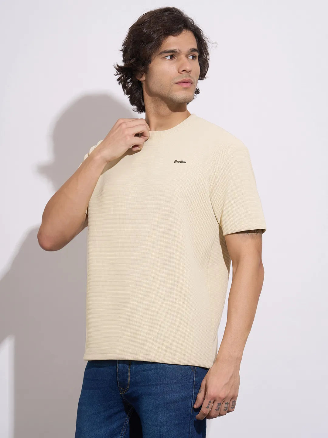 Men's Cream Solid Crew Neck Half Sleeve T-Shirt by Being Human Clothing