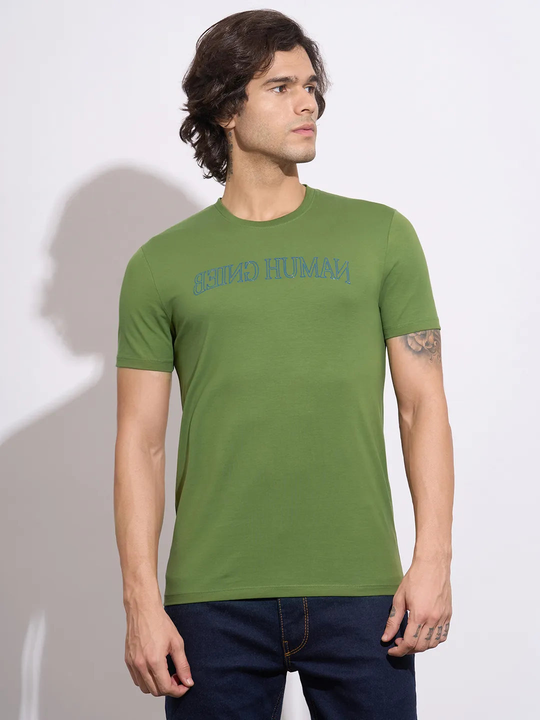 Being Human Men's Green Typographic Print Crew Neck T-Shirt