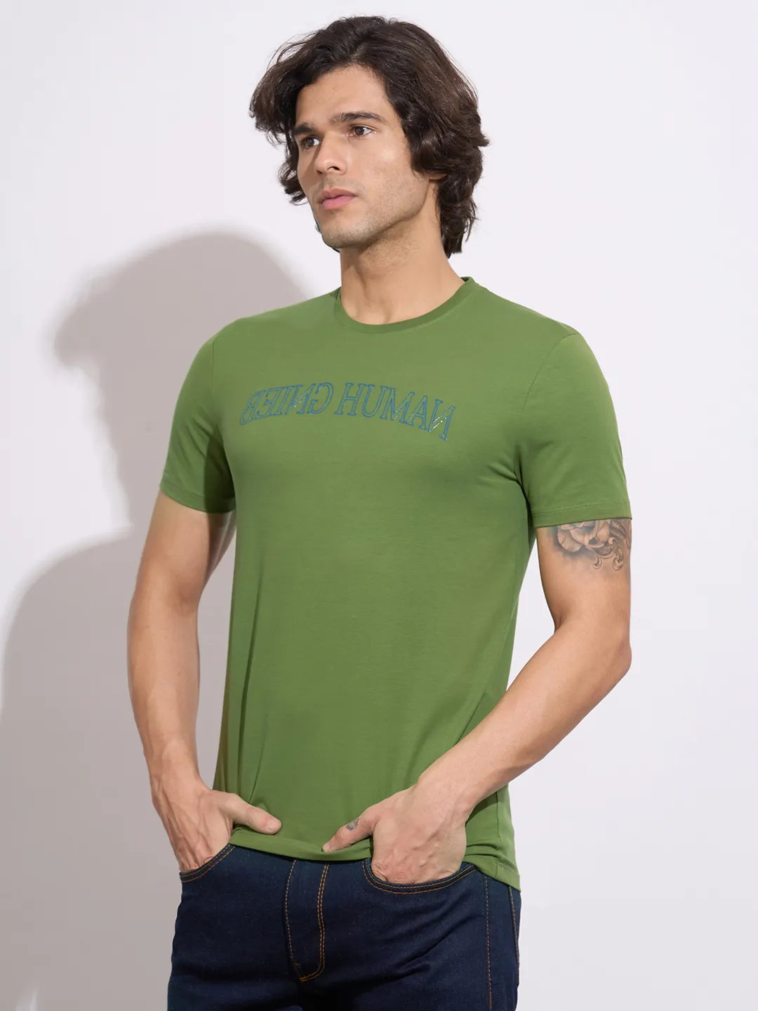 Being Human Men's Green Typographic Print Crew Neck T-Shirt