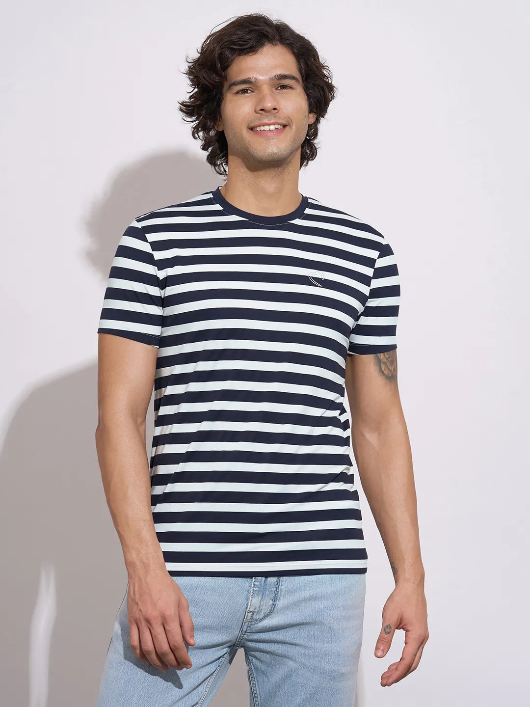 Being Human Men's Navy Horizontal Stripes Crew Neck T-Shirt