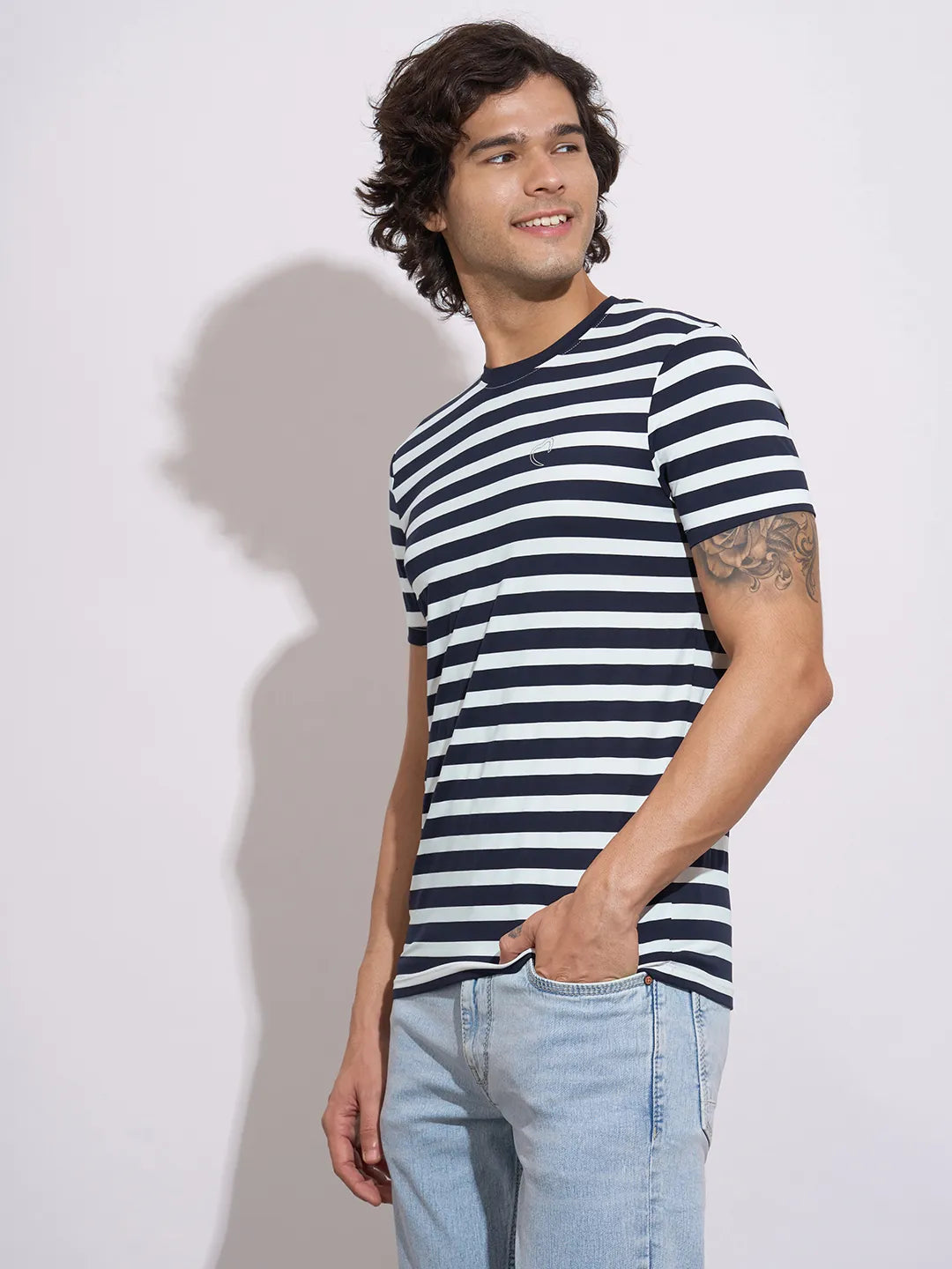 Being Human Men's Navy Horizontal Stripes Crew Neck T-Shirt