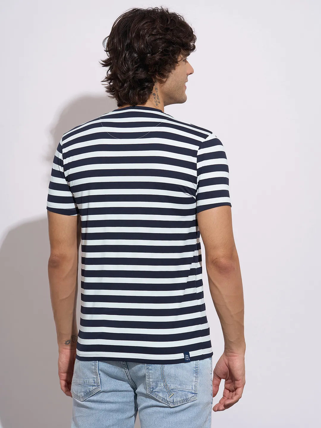 Being Human Men's Navy Horizontal Stripes Crew Neck T-Shirt