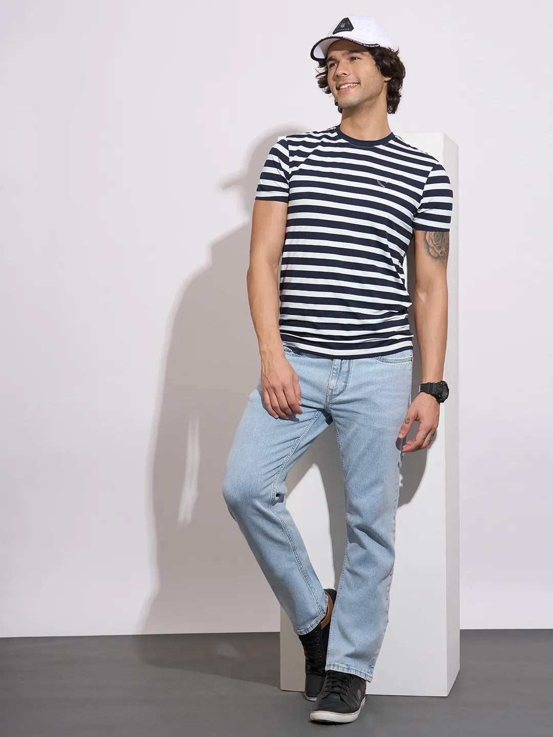 Being Human Men's Navy Horizontal Stripes Crew Neck T-Shirt