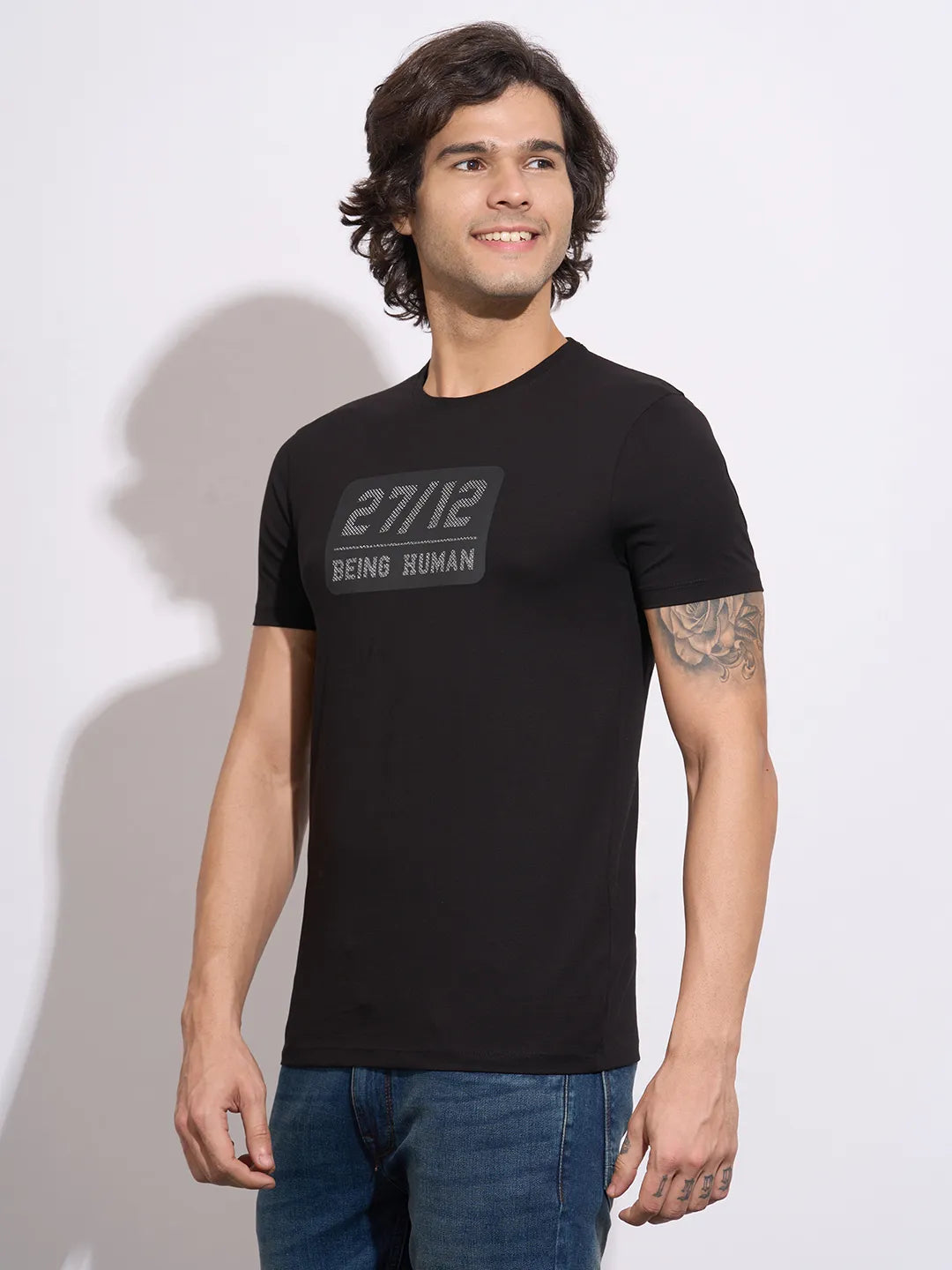 Being Human Men's Black Typographic Print Crew Neck T-Shirt