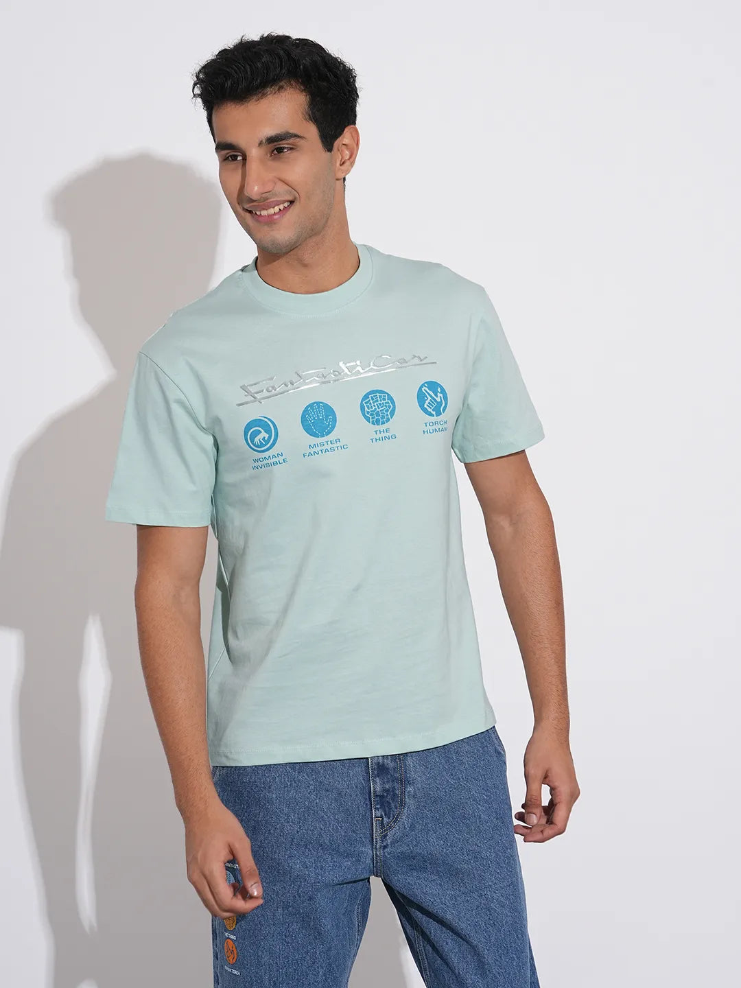 Fantastic Four Printed Light-Blue Crew-Neck T-Shirt By Being Human