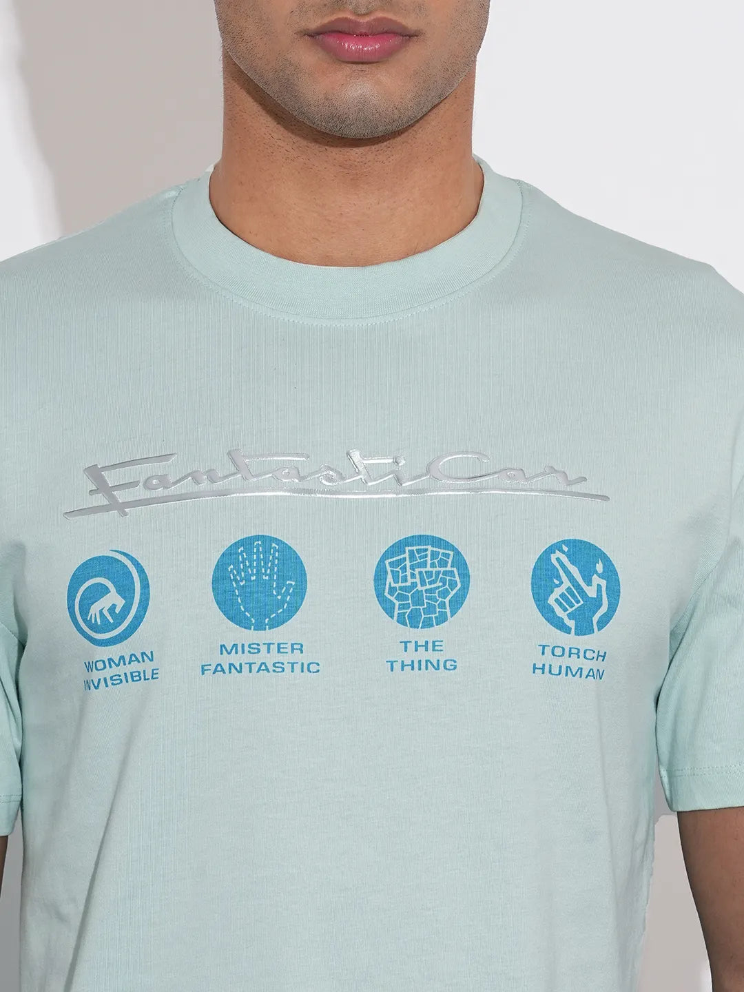Fantastic Four Printed Light-Blue Crew-Neck T-Shirt By Being Human
