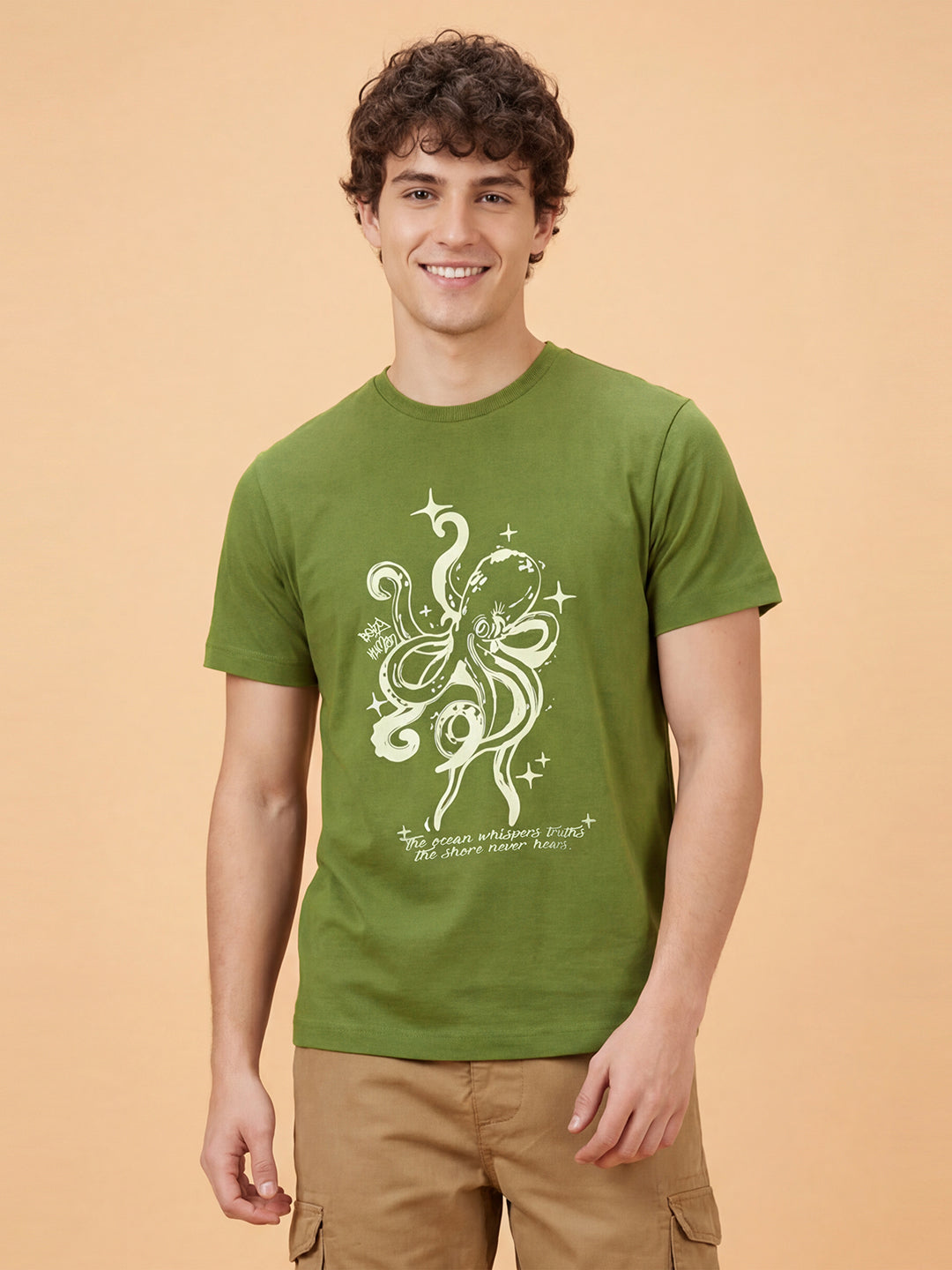 Olive Graphic Print Moderno Fit Short Sleeve Crew Neck Pure Cotton Men's Tshirt by Being Human Clothing