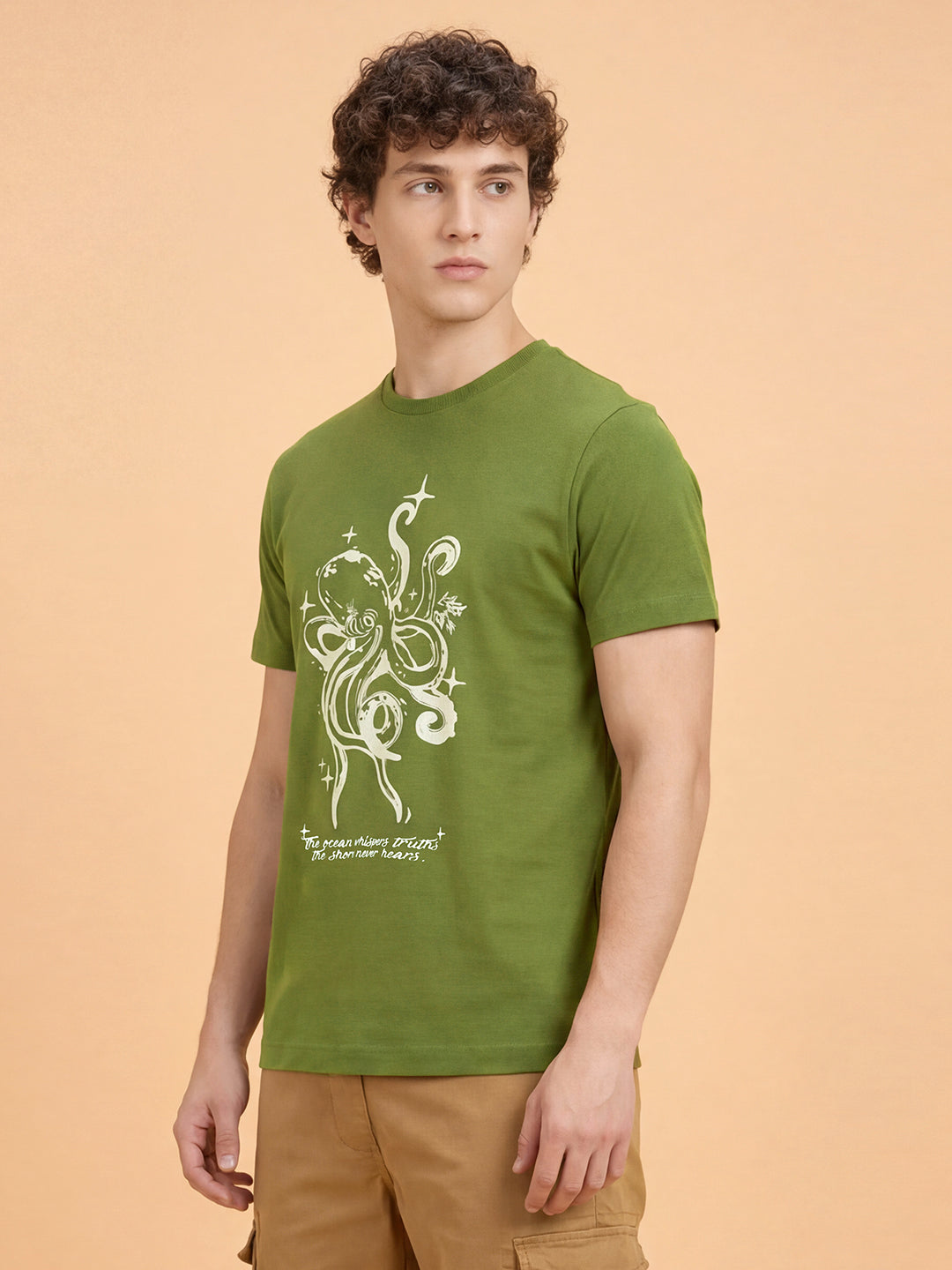 Olive Graphic Print Moderno Fit Short Sleeve Crew Neck Pure Cotton Men's Tshirt by Being Human Clothing