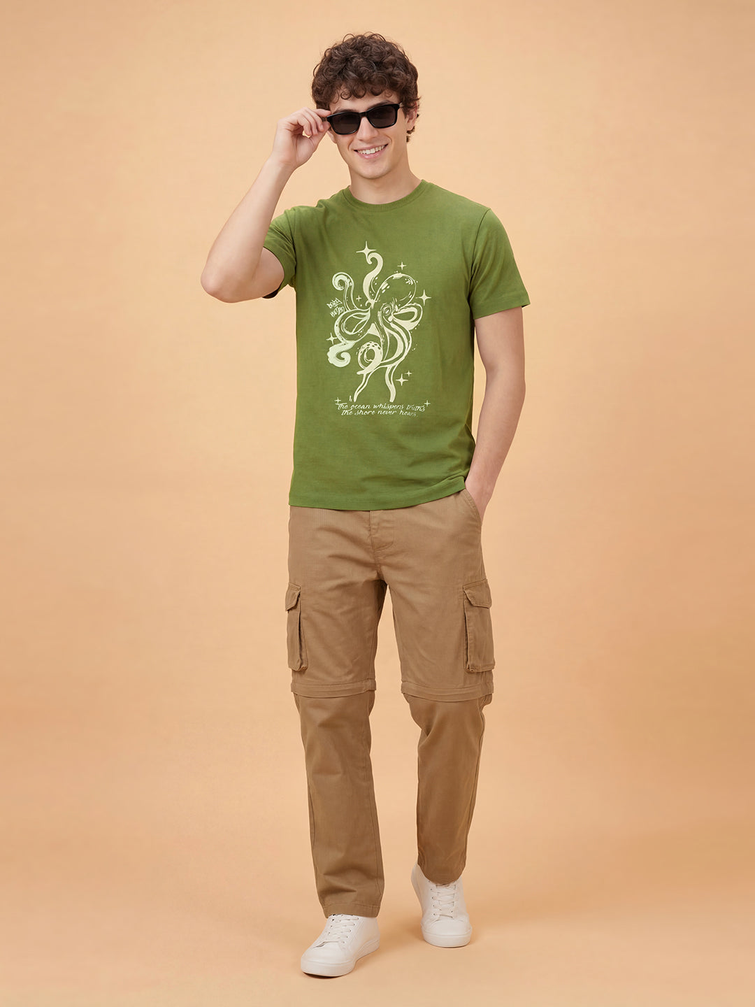 Olive Graphic Print Moderno Fit Short Sleeve Crew Neck Pure Cotton Men's Tshirt by Being Human Clothing