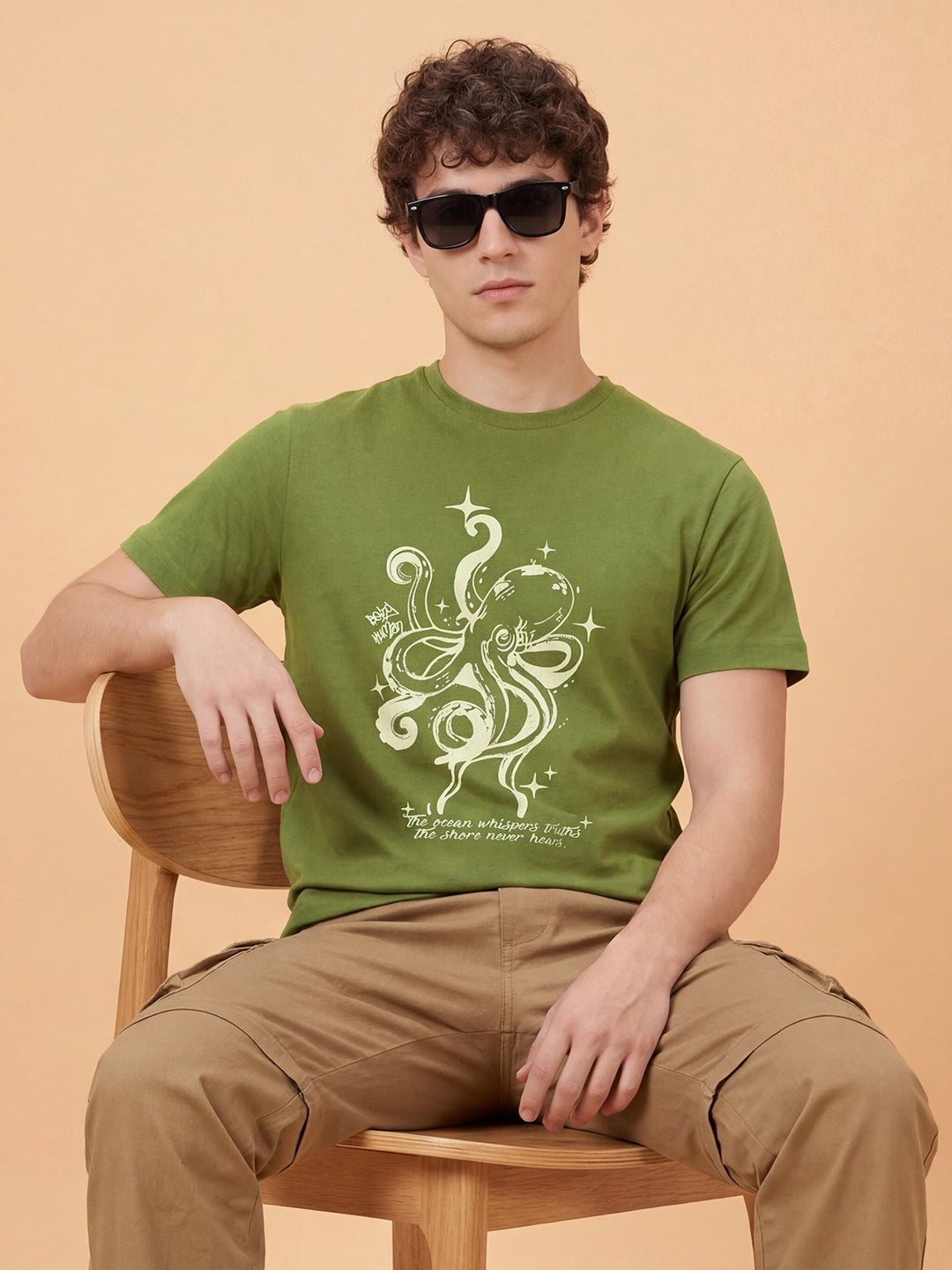 Olive Graphic Print Moderno Fit Short Sleeve Crew Neck Pure Cotton Men's Tshirt by Being Human Clothing