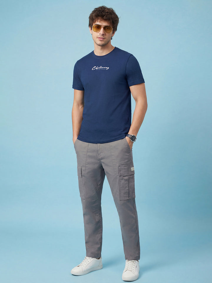 Navy Typography Print Moderno Fit Short Sleeve Crew Neck Pure Cotton Men's Tshirt by Being Human Clothing