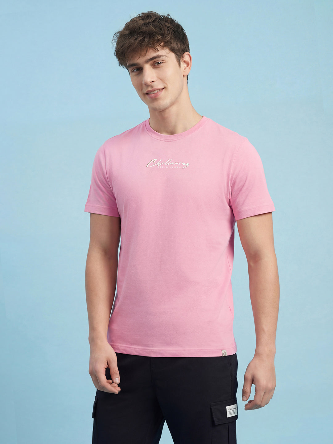 Pink Typography Print Moderno Fit Short Sleeve Crew Neck Pure Cotton Men's Tshirt by Being Human Clothing