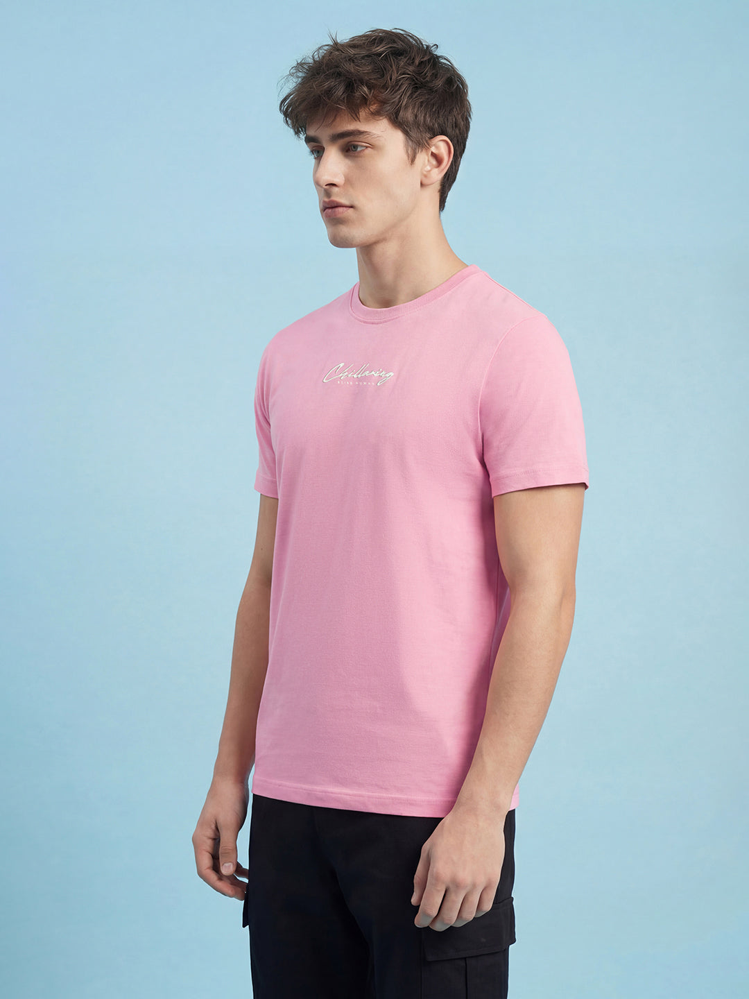 Pink Typography Print Moderno Fit Short Sleeve Crew Neck Pure Cotton Men's Tshirt by Being Human Clothing