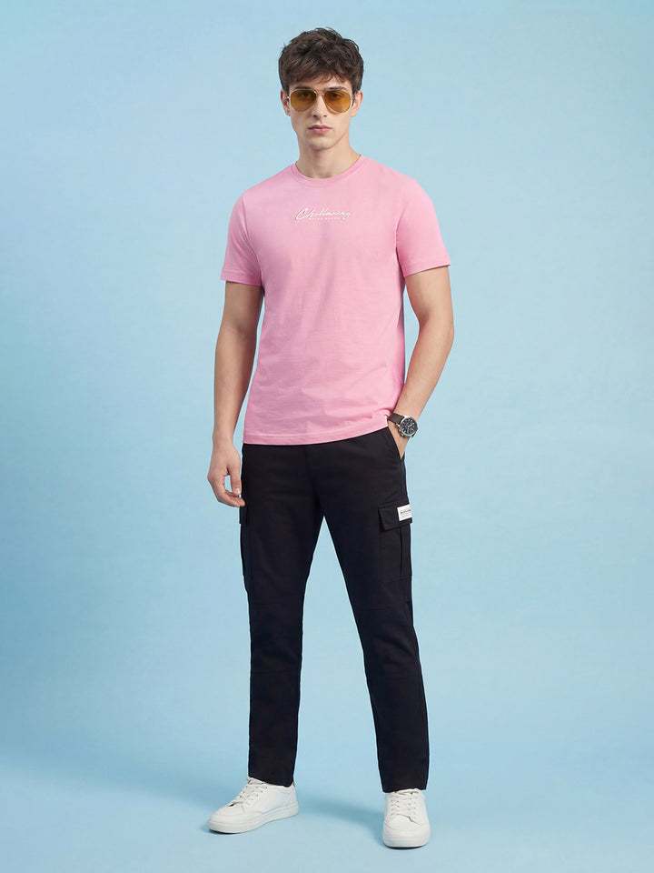 Pink Typography Print Moderno Fit Short Sleeve Crew Neck Pure Cotton Men's Tshirt by Being Human Clothing