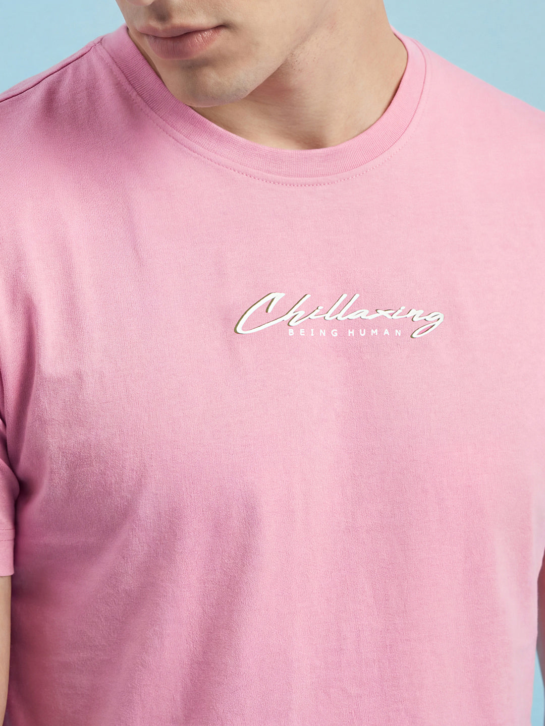 Pink Typography Print Moderno Fit Short Sleeve Crew Neck Pure Cotton Men's Tshirt by Being Human Clothing