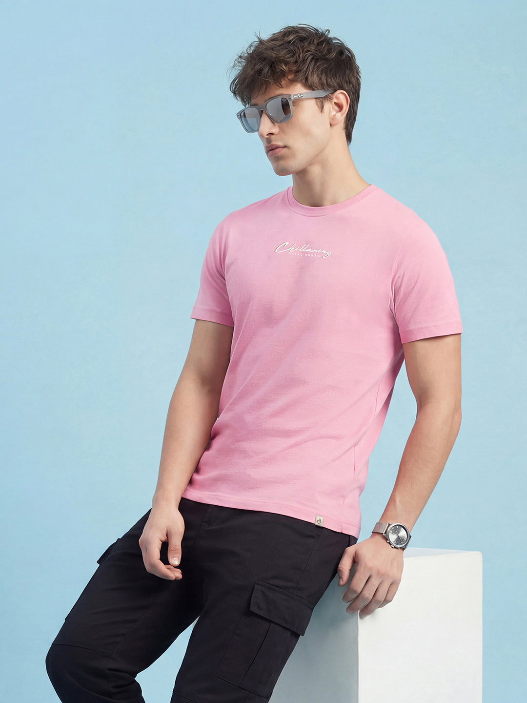 Pink Typography Print Moderno Fit Short Sleeve Crew Neck Pure Cotton Men's Tshirt by Being Human Clothing