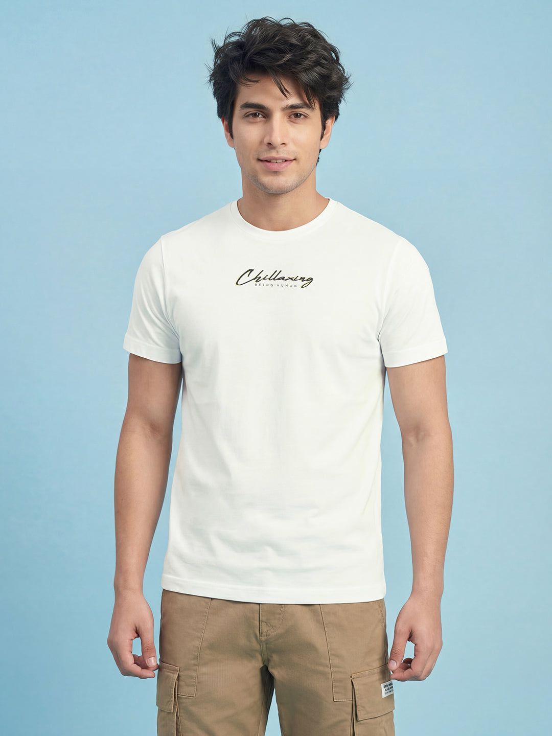 White Typography Print Moderno Fit Short Sleeve Crew Neck Pure Cotton Men's Tshirt by Being Human Clothing