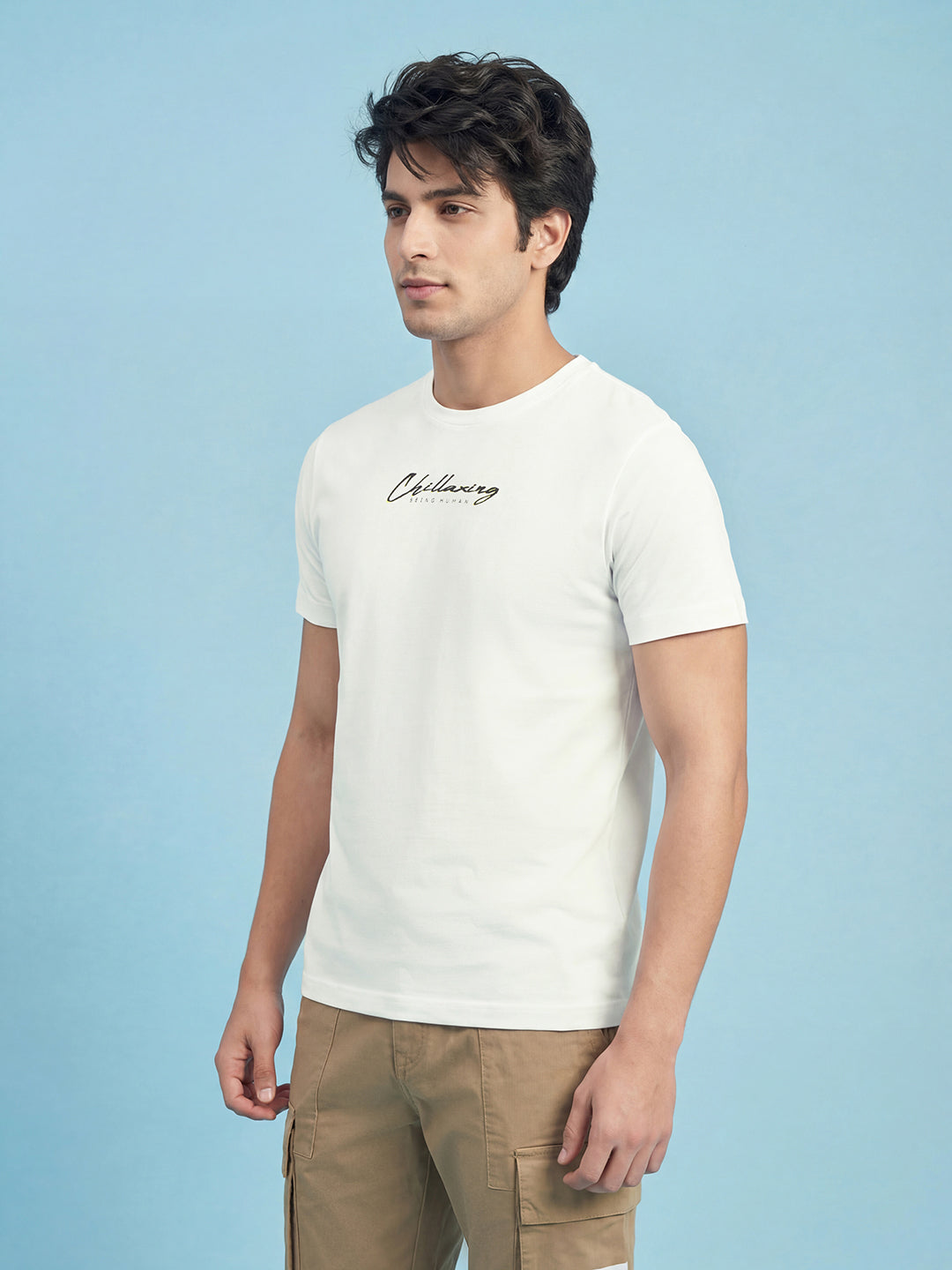 White Typography Print Moderno Fit Short Sleeve Crew Neck Pure Cotton Men's Tshirt by Being Human Clothing