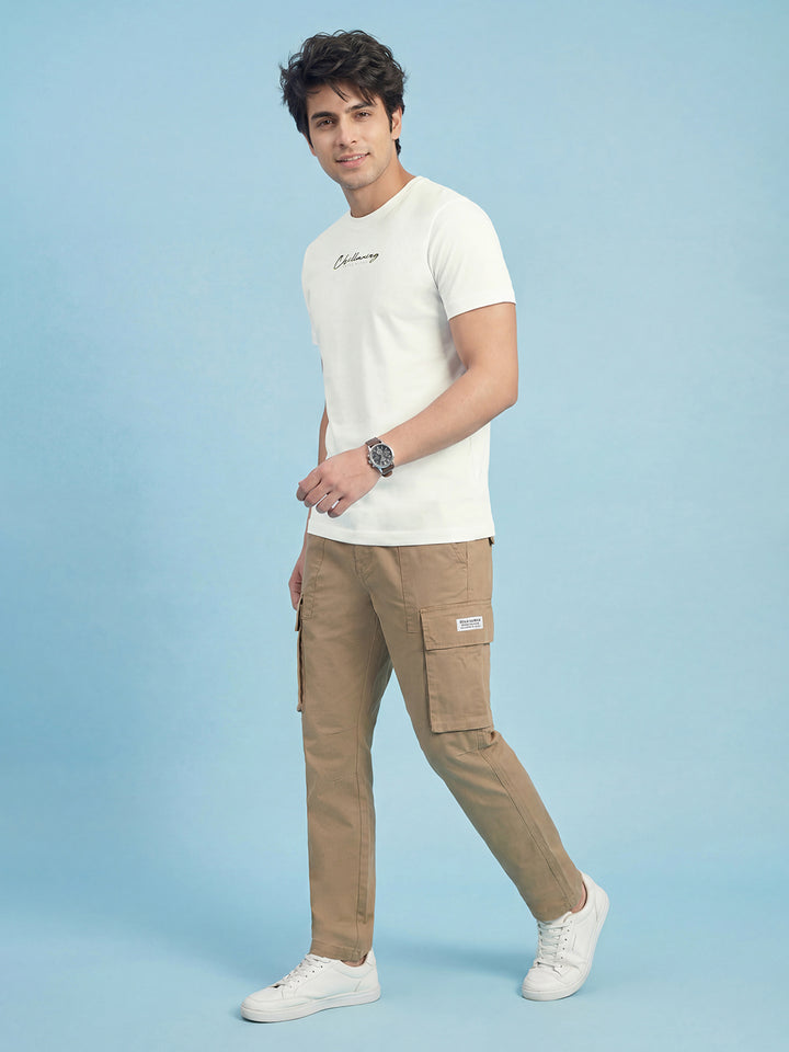White Typography Print Moderno Fit Short Sleeve Crew Neck Pure Cotton Men's Tshirt by Being Human Clothing