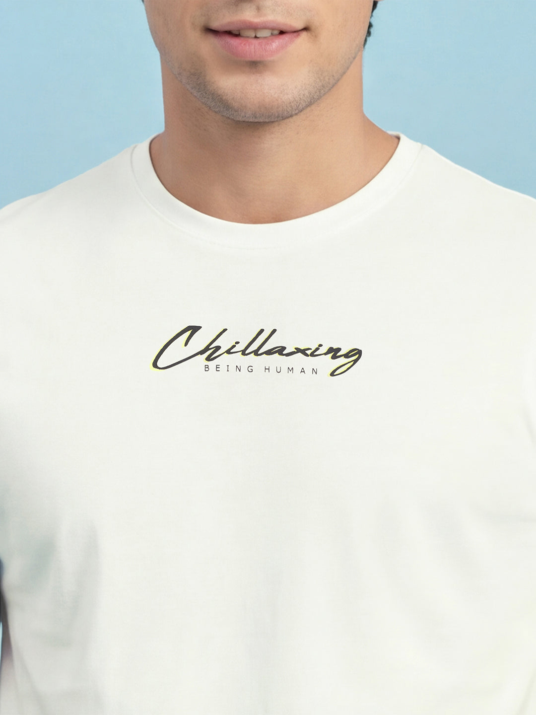 White Typography Print Moderno Fit Short Sleeve Crew Neck Pure Cotton Men's Tshirt by Being Human Clothing