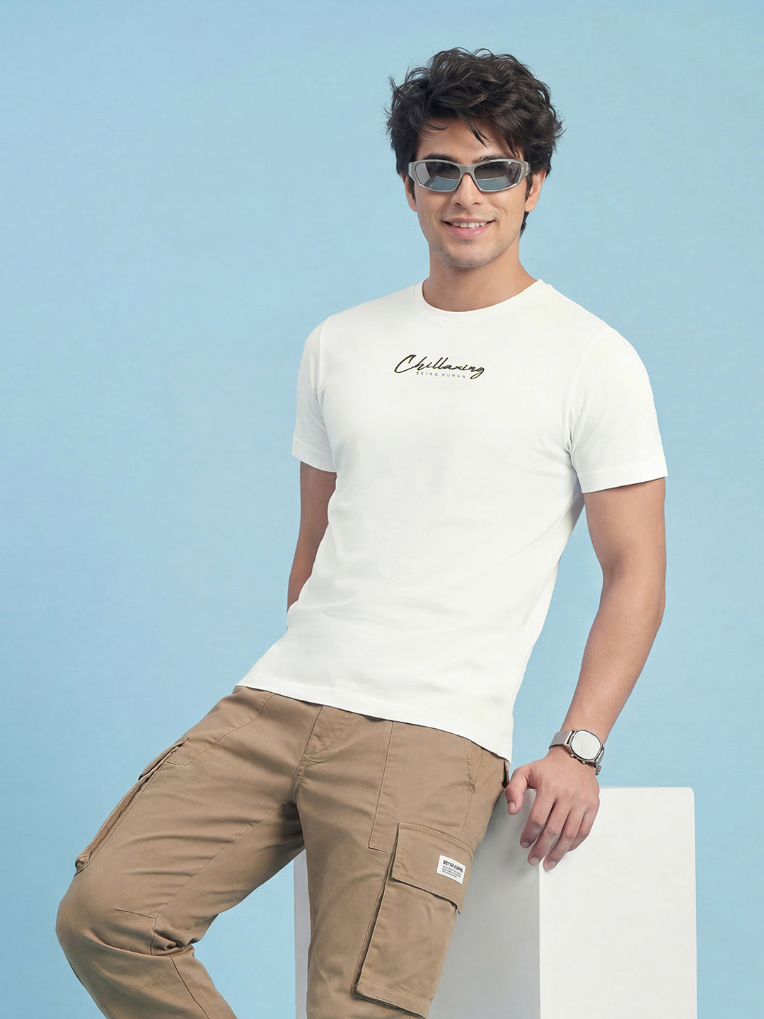 White Typography Print Moderno Fit Short Sleeve Crew Neck Pure Cotton Men's Tshirt by Being Human Clothing