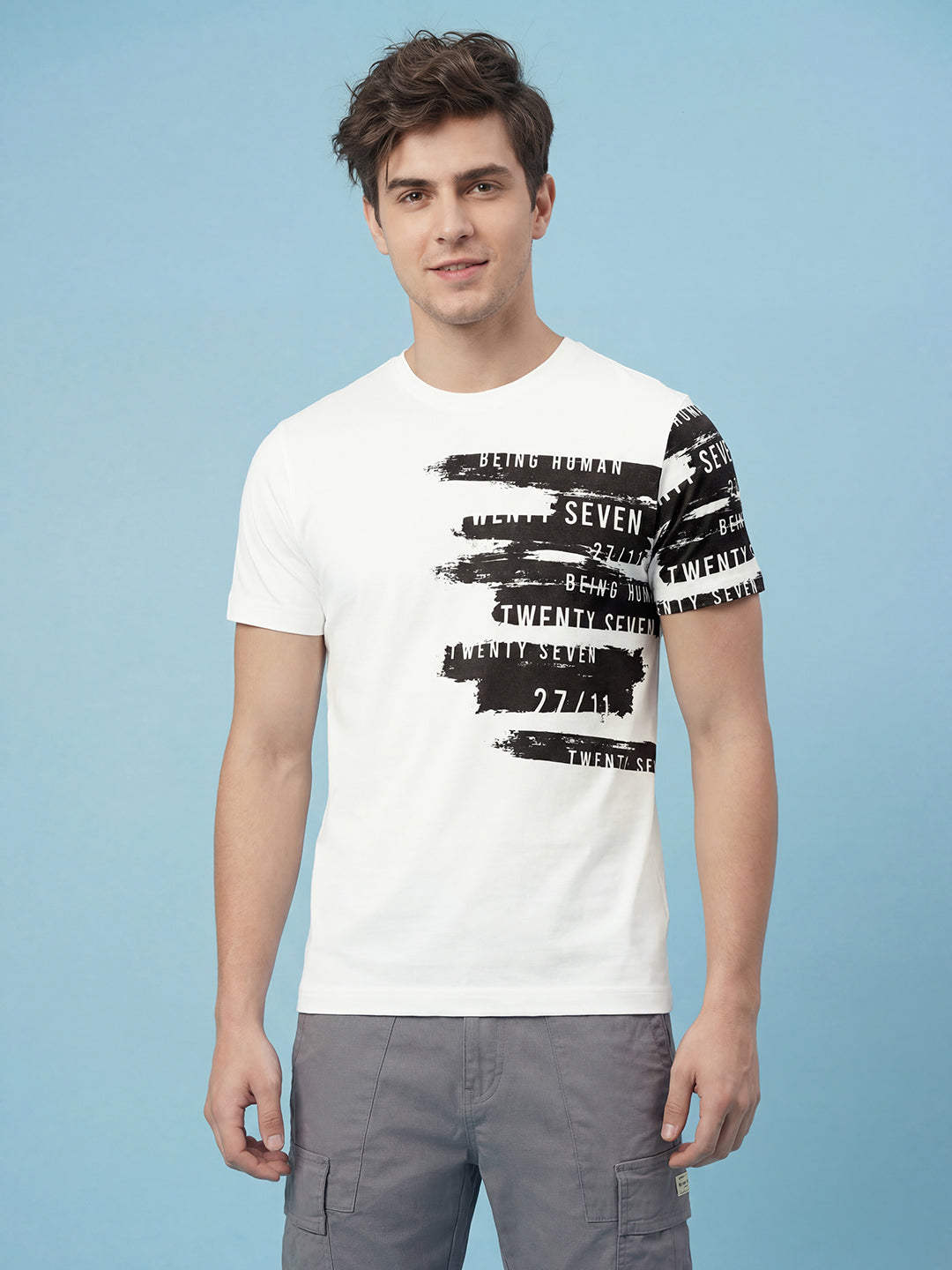 White Graphic Print Moderno Fit Short Sleeve Crew Neck Pure Cotton Men's Tshirt by Being Human Clothing