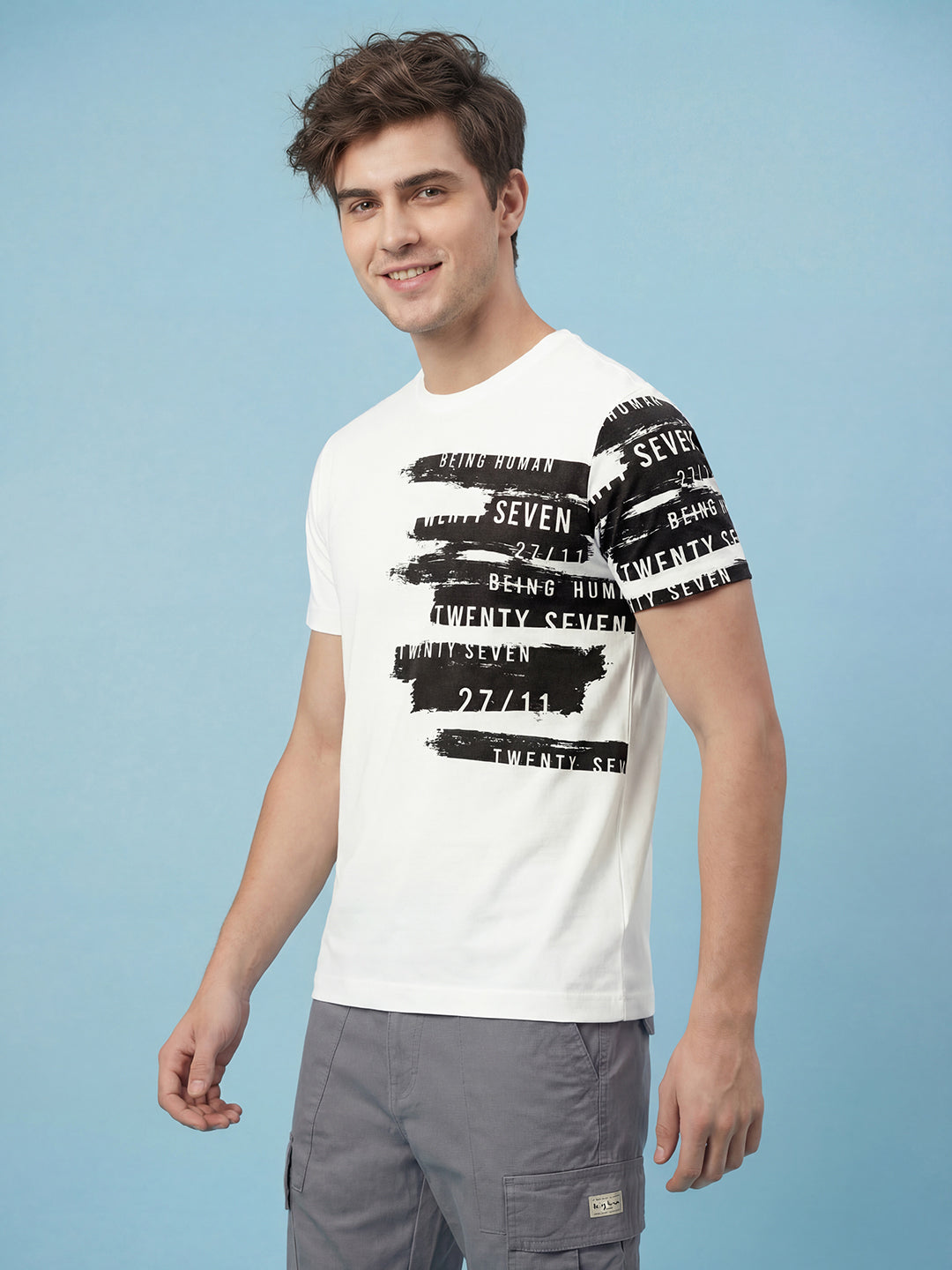 White Graphic Print Moderno Fit Short Sleeve Crew Neck Pure Cotton Men's Tshirt by Being Human Clothing