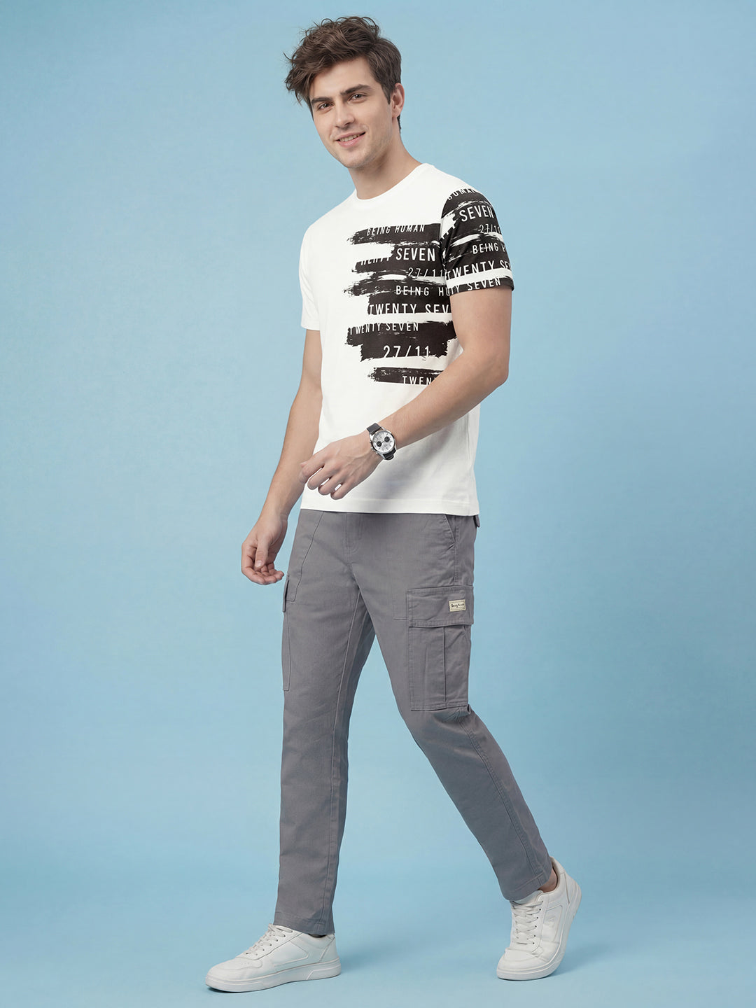White Graphic Print Moderno Fit Short Sleeve Crew Neck Pure Cotton Men's Tshirt by Being Human Clothing