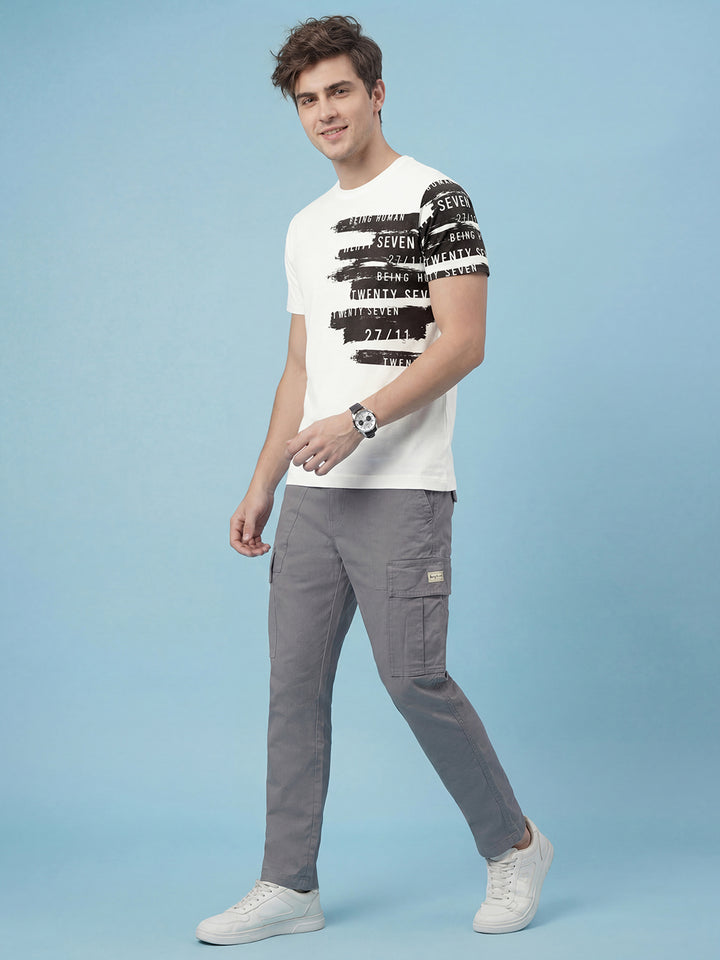 White Graphic Print Moderno Fit Short Sleeve Crew Neck Pure Cotton Men's Tshirt by Being Human Clothing