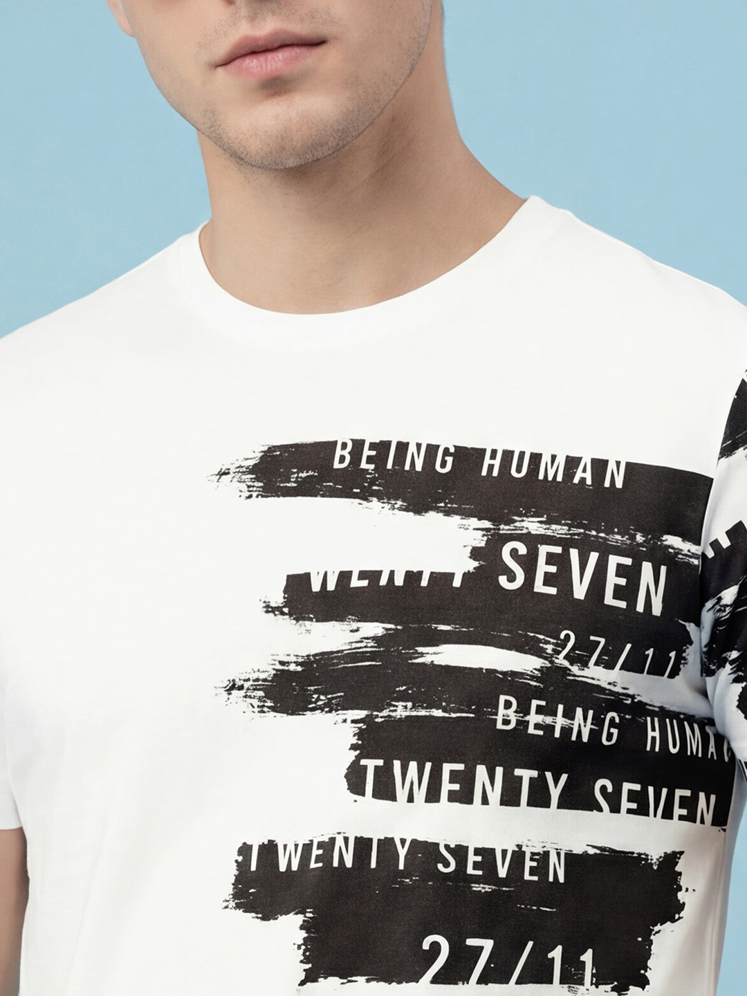 White Graphic Print Moderno Fit Short Sleeve Crew Neck Pure Cotton Men's Tshirt by Being Human Clothing