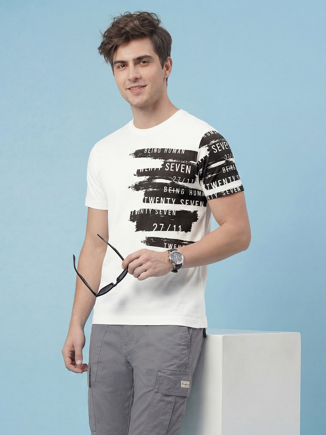 White Graphic Print Moderno Fit Short Sleeve Crew Neck Pure Cotton Men's Tshirt by Being Human Clothing