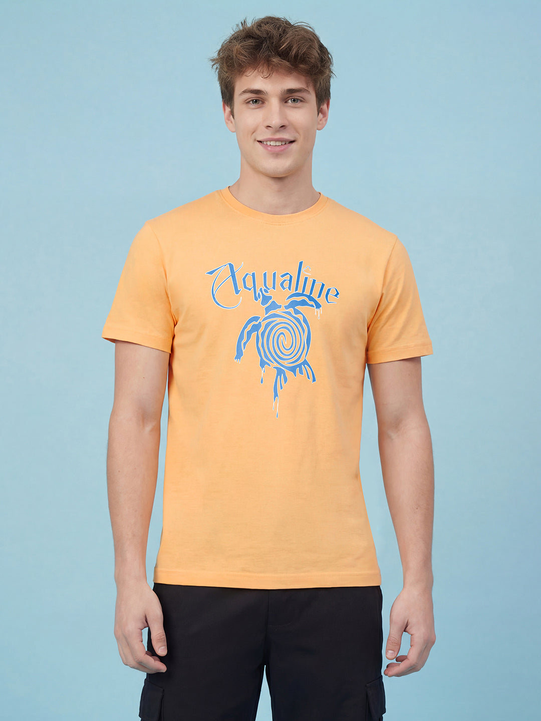 Peach Graphic Print Moderno Fit Short Sleeve Crew Neck Pure Cotton Men's Tshirt by Being Human Clothing