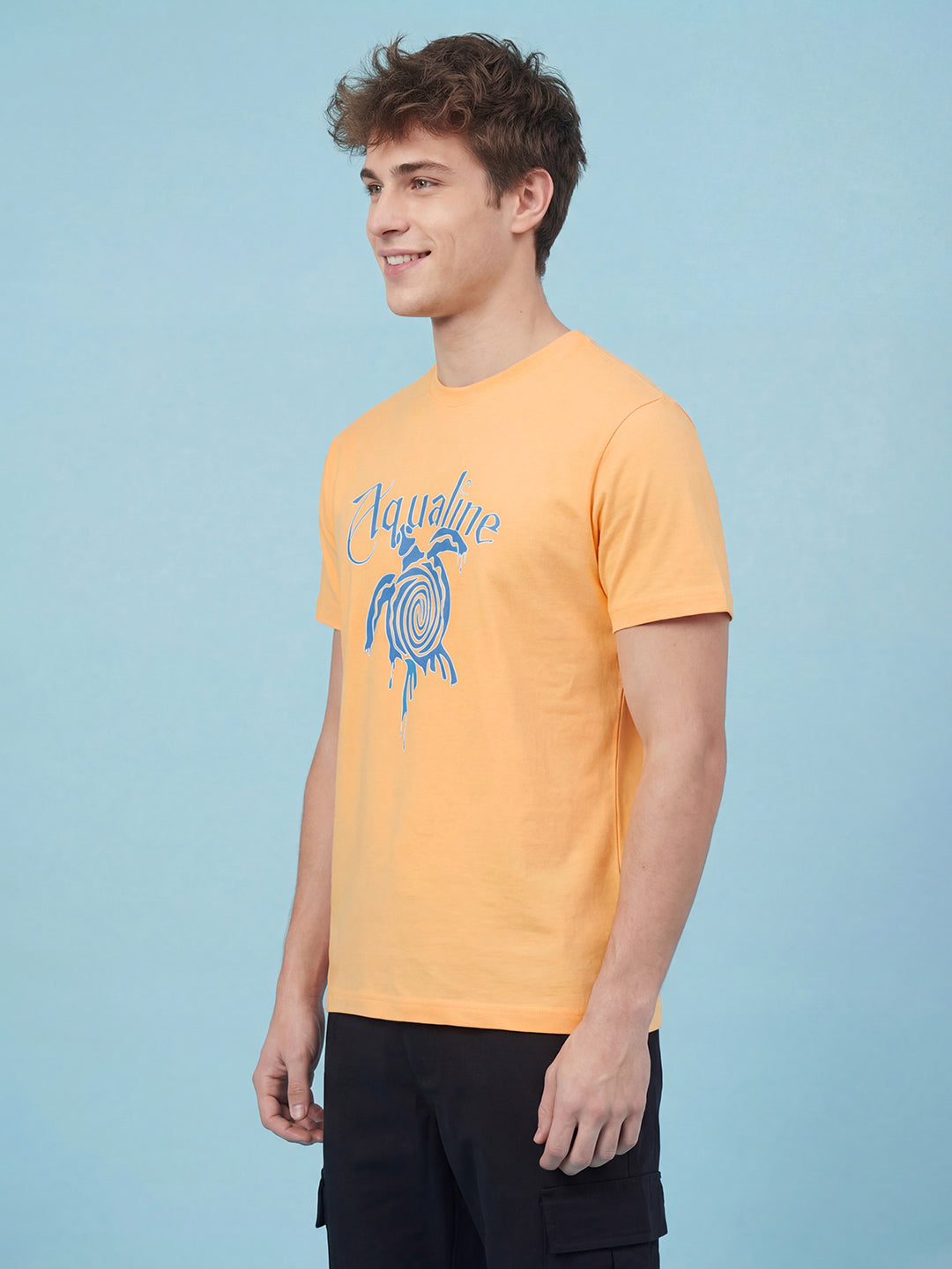 Peach Graphic Print Moderno Fit Short Sleeve Crew Neck Pure Cotton Men's Tshirt by Being Human Clothing