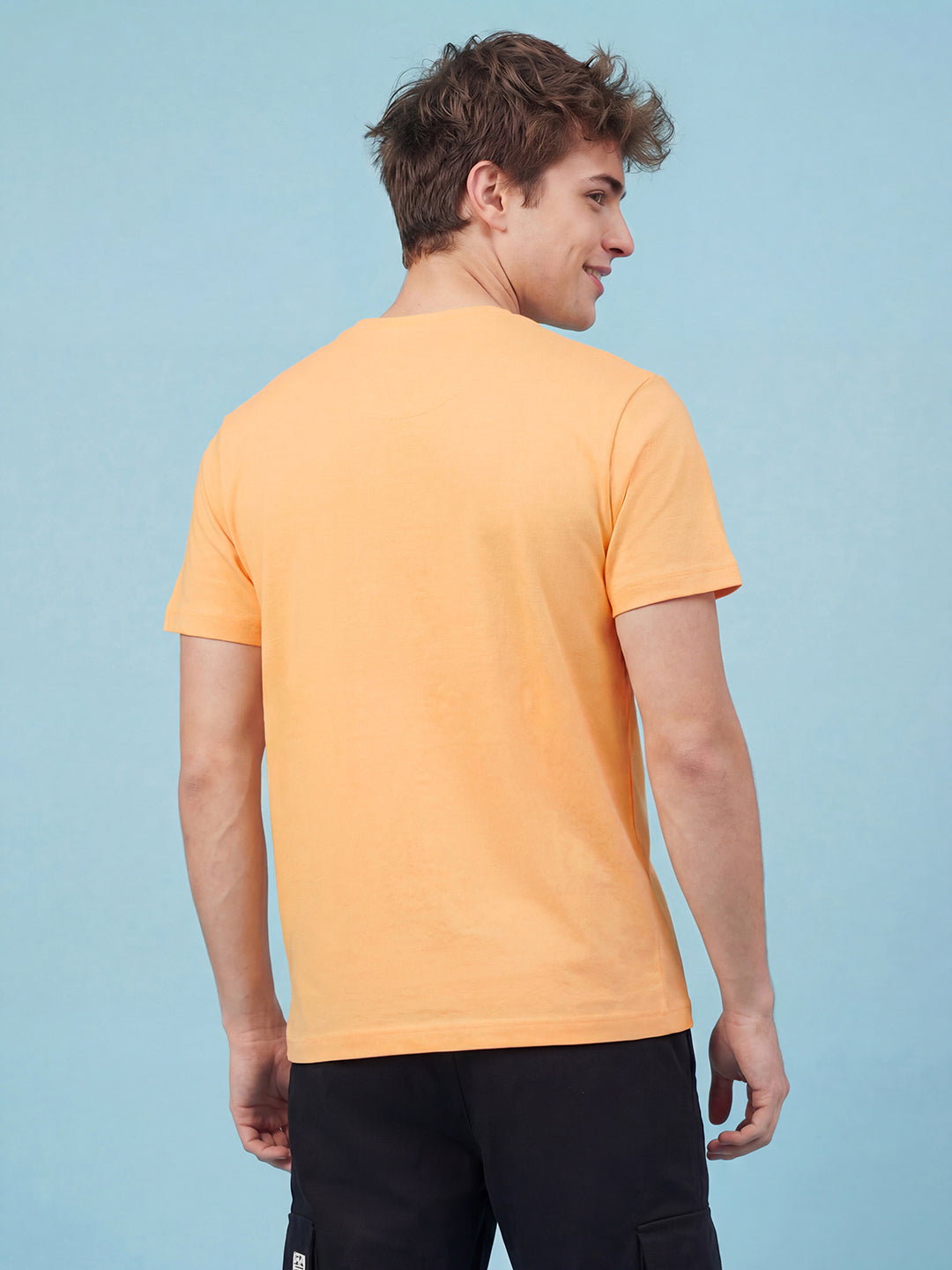 Peach Graphic Print Moderno Fit Short Sleeve Crew Neck Pure Cotton Men's Tshirt by Being Human Clothing