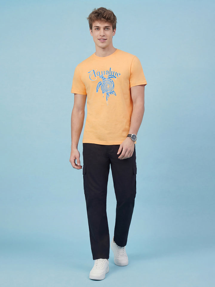 Peach Graphic Print Moderno Fit Short Sleeve Crew Neck Pure Cotton Men's Tshirt by Being Human Clothing