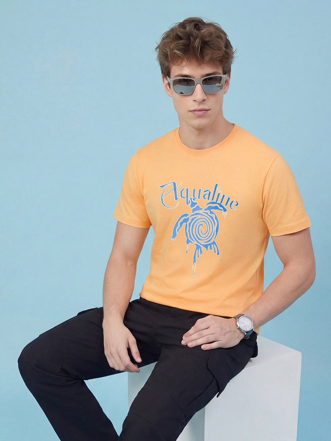 Peach Graphic Print Moderno Fit Short Sleeve Crew Neck Pure Cotton Men's Tshirt by Being Human Clothing