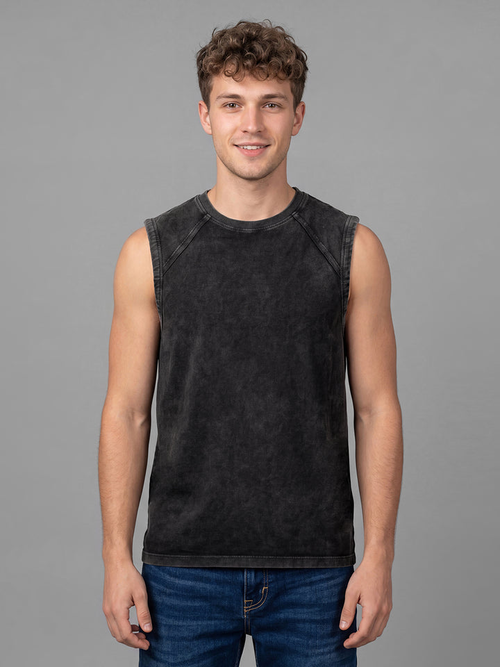 Black Washed Pattern Sleeveless Crew Neck Men's T-Shirt