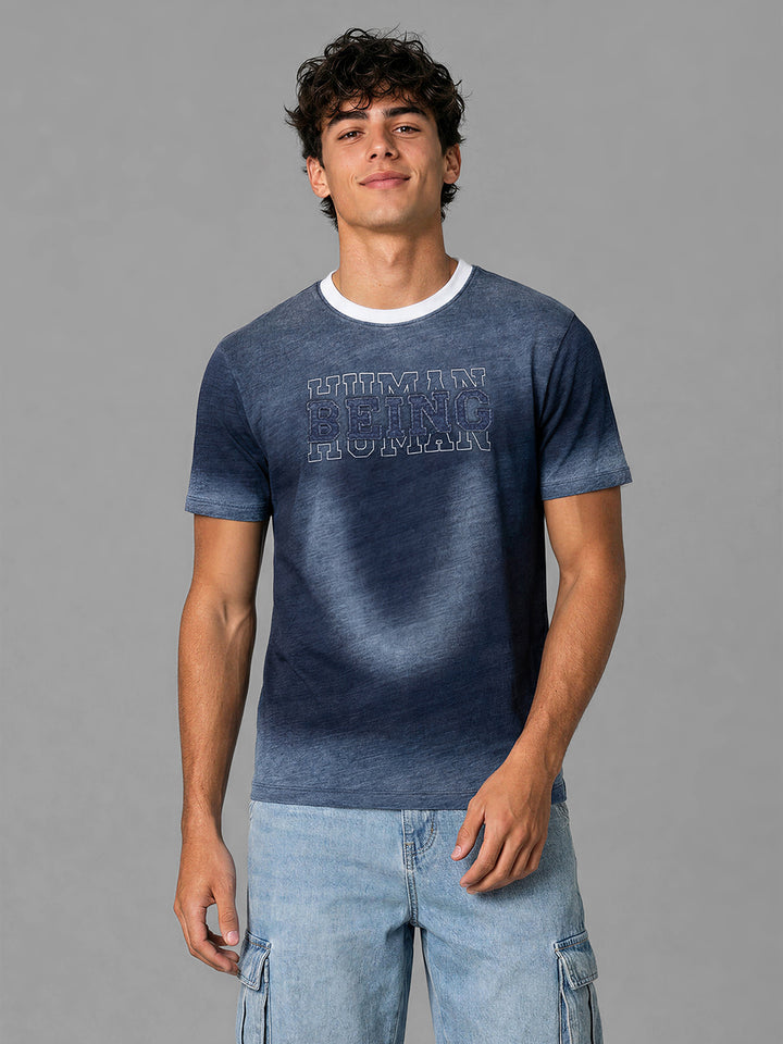 Blue Easy Fit Typography Short Sleeves Crew Neck Men's T-shirt by Being Human Clothing