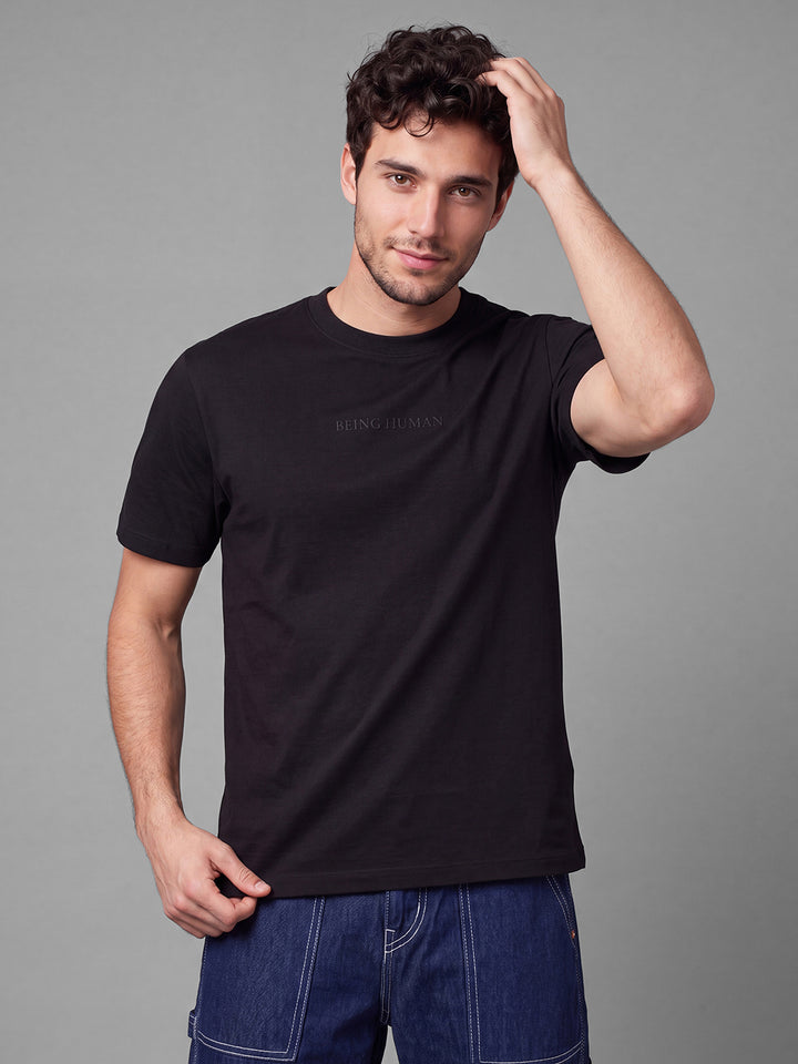 Black Easy Fit Typography Short Sleeves Crew Neck Men's T-shirt by Being Human Clothing