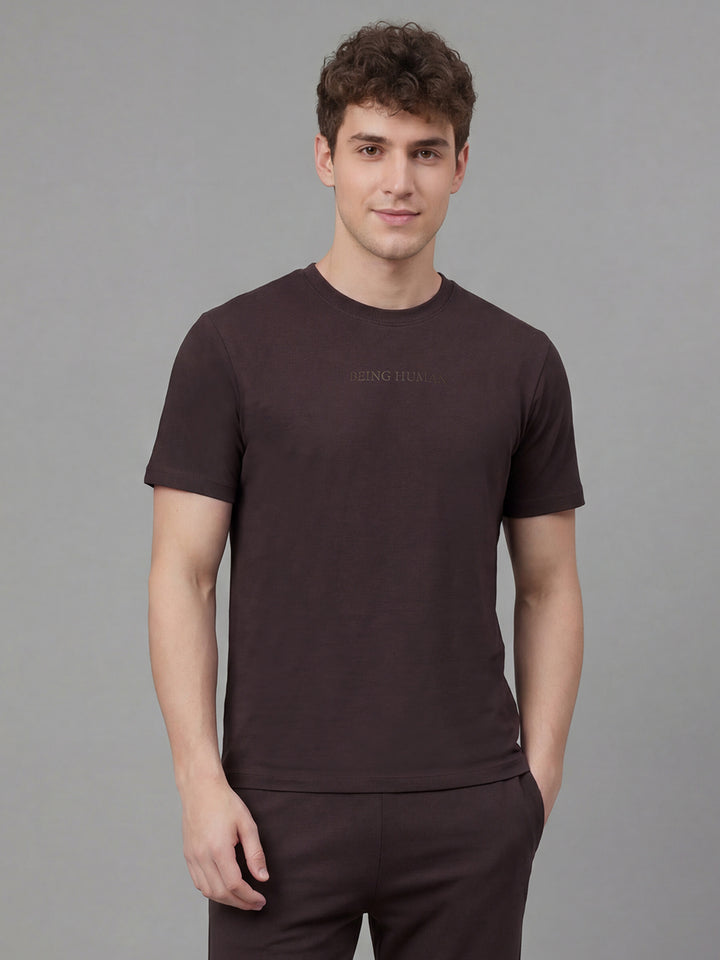 Brown Easy Fit Solid Half Sleeve Crew Neck Men's T-Shirt by Being Human Clothing