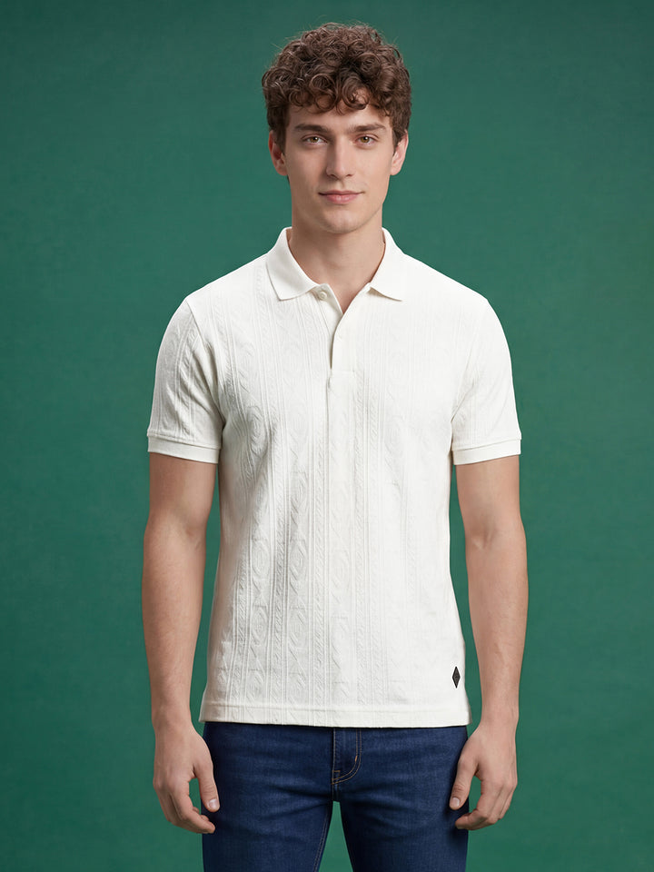 Off White Regular Fit Polo Neck Self Design Men's Short Sleeves Tshirt