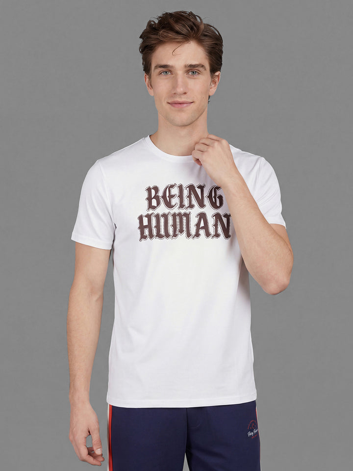 White Moderno Fit Typography Short Sleeves Crew Neck Men's T-shirt by Being Human Clothing