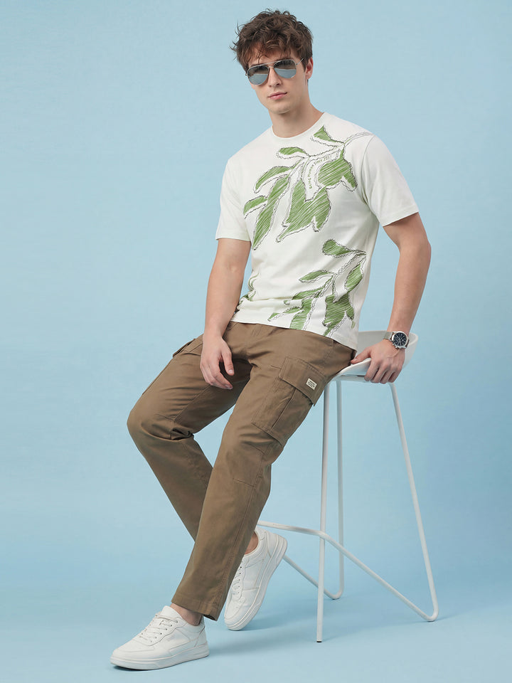 White Floral Print Easy Fit Short Sleeve Crew Neck Pure Cotton Men's Tshirt by Being Human Clothing
