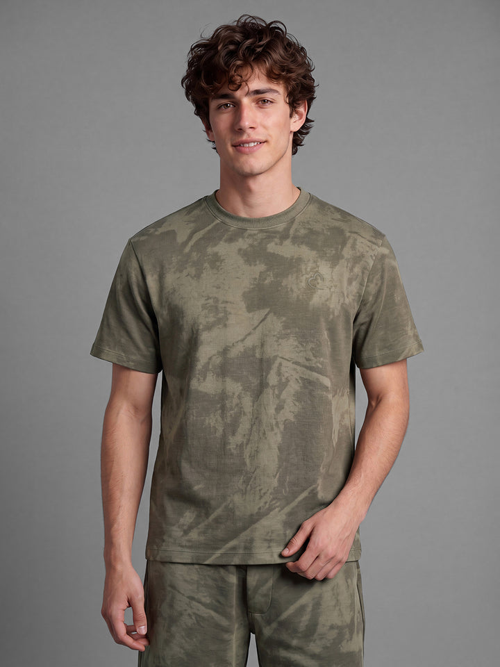Ecru & Olive Easy Fit Abstract Short Sleeves Crew Neck Men's T-shirt by Being Human Clothing