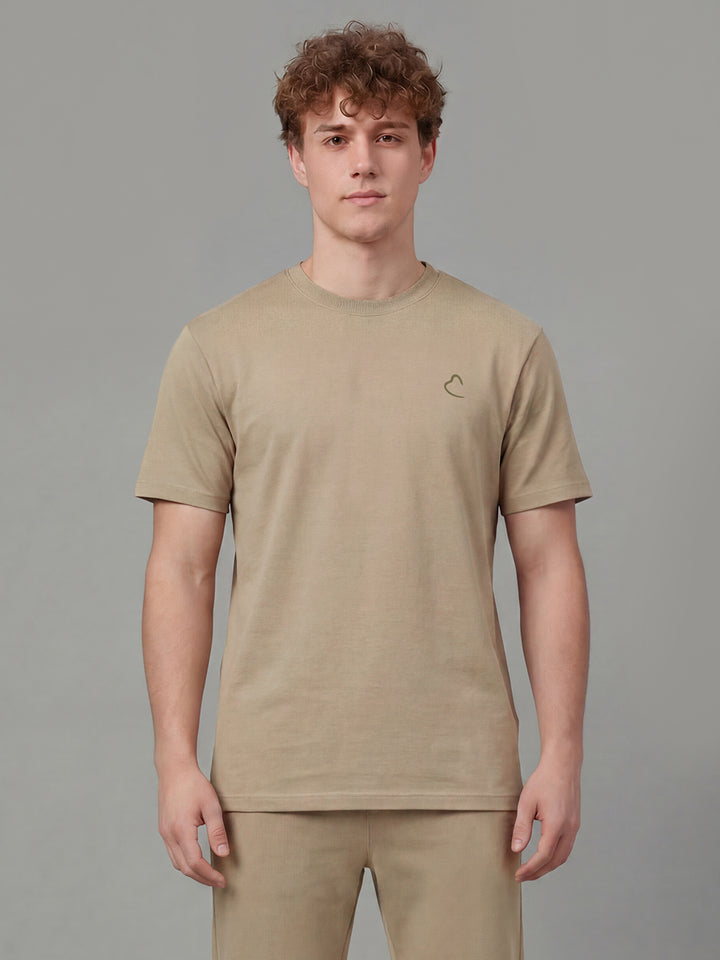 Beige Easy Fit Solid Half Sleeve Crew Neck Men's T-Shirt by Being Human Clothing