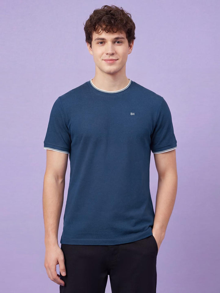 Dark Blue Moderno Fit Half Sleeve Crew Neck Men's T-shirt