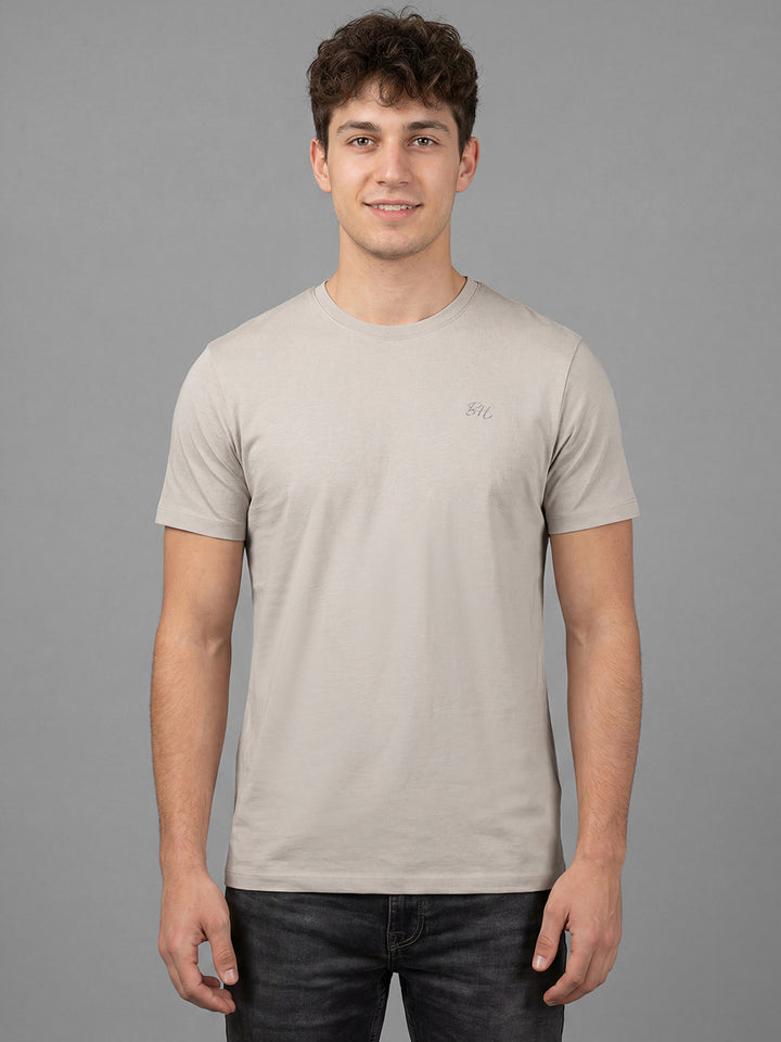 Beige Solid Half Sleeve Crew Neck Men's T-Shirt
