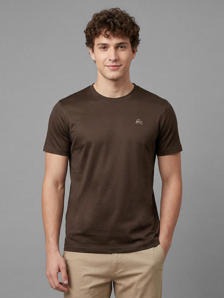 Brown Solid Half Sleeve Crew Neck Men's T-Shirt by Being Human Clothing